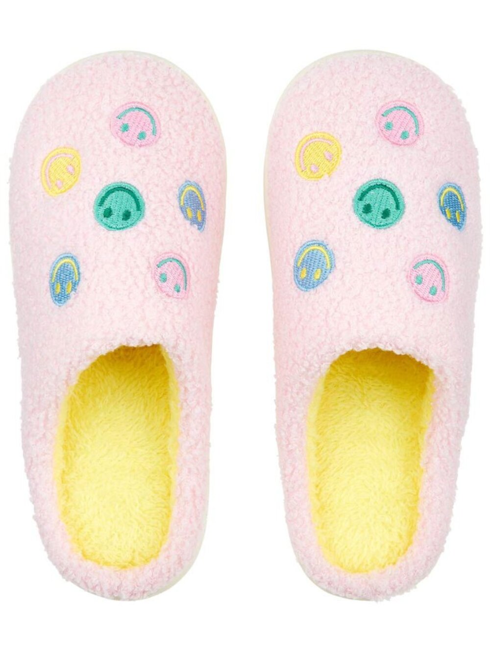 Pink slippers with embroidered smiley faces in various colors #smiley #cozy